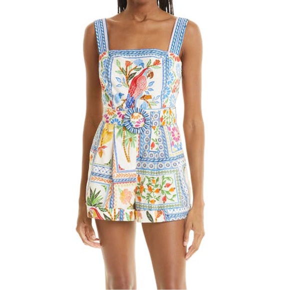 FARM Rio Pants - FARM Rio Tropical Tiles Squareneck Belted Romper